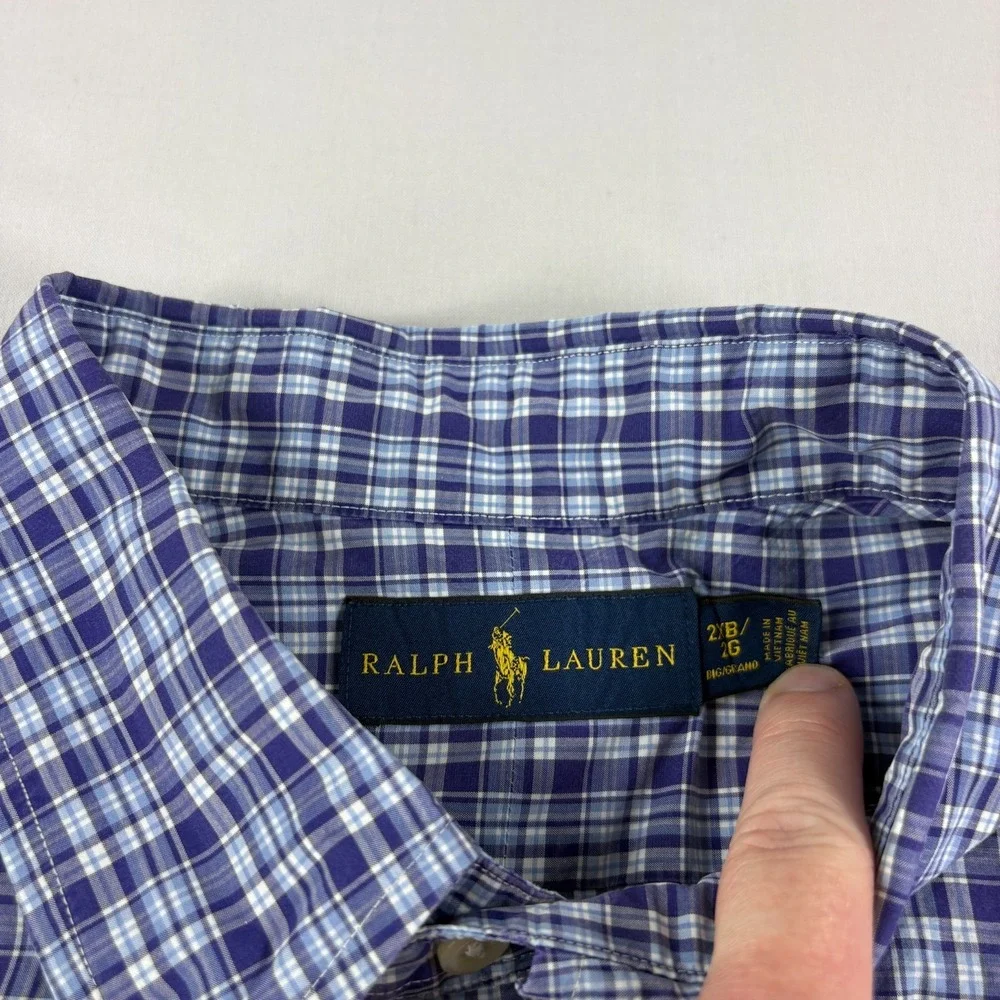 Polo Ralph Lauren Shirt Mens 2XB Big Blue Purple Plaid Button Up Short Sleeve